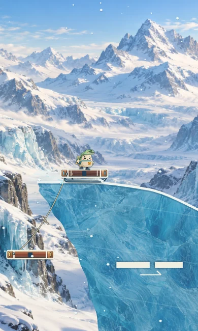 The explorer riding a plank sled beside a bright blue glacier