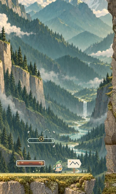 The explorer crossing between two planks in the green mountains