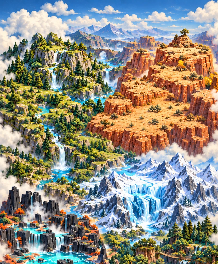 An illustrated world of green peaks, sandstone canyons and snowy mountains